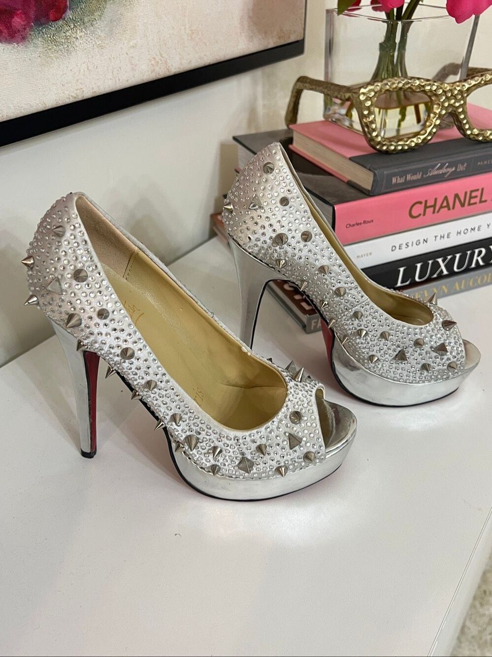 Christian Louboutin Women's Spike Stud Pointed-Toe Pumps Silver Size 36 NWOT